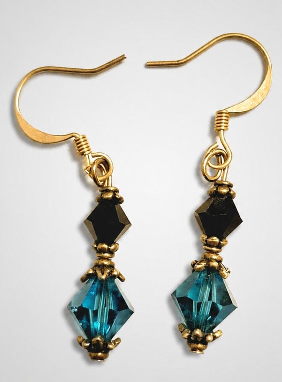 Vintage Pierced Dangle Earrings, Blue Black Glass Beads 1.25" Long Drops bp-84